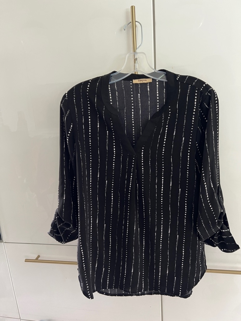 Trina Turk Black Blouse with Metallic Dot Stripe Detail